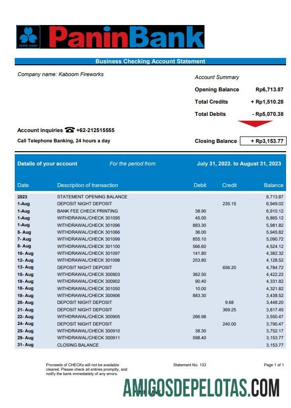 Imprimível Panin Bank Organization Checking modelo de extrato de conta Word e PDF